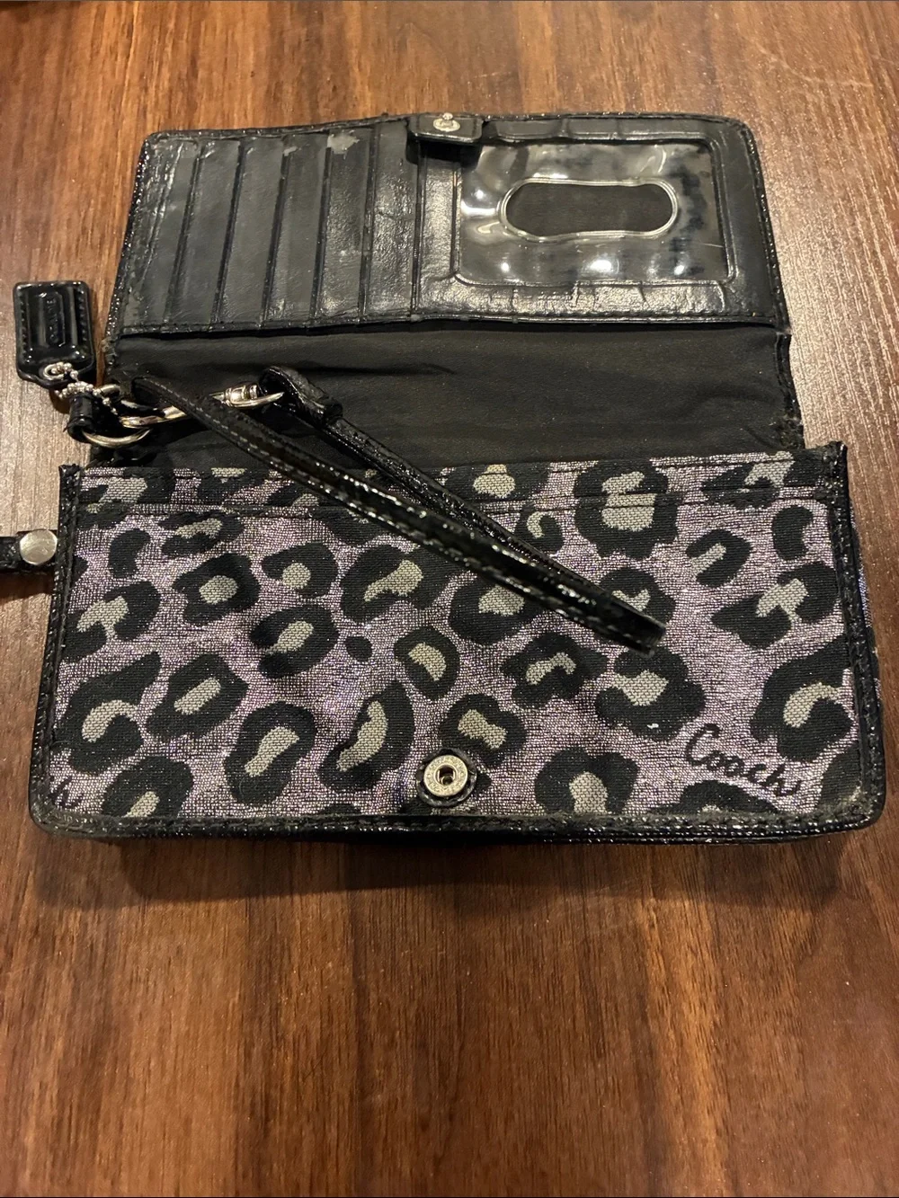 Coach Leopard Print Wristlet Clutch in Silver and Black
